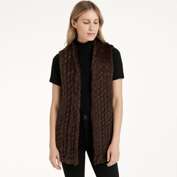 Linda Richards Rabbit Fur Vest Size S Brown Wool Blend Open Front Luxury